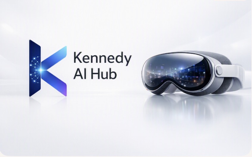 Kennedy AI Hub logo beside a spatial-computing headset showing a glowing data city